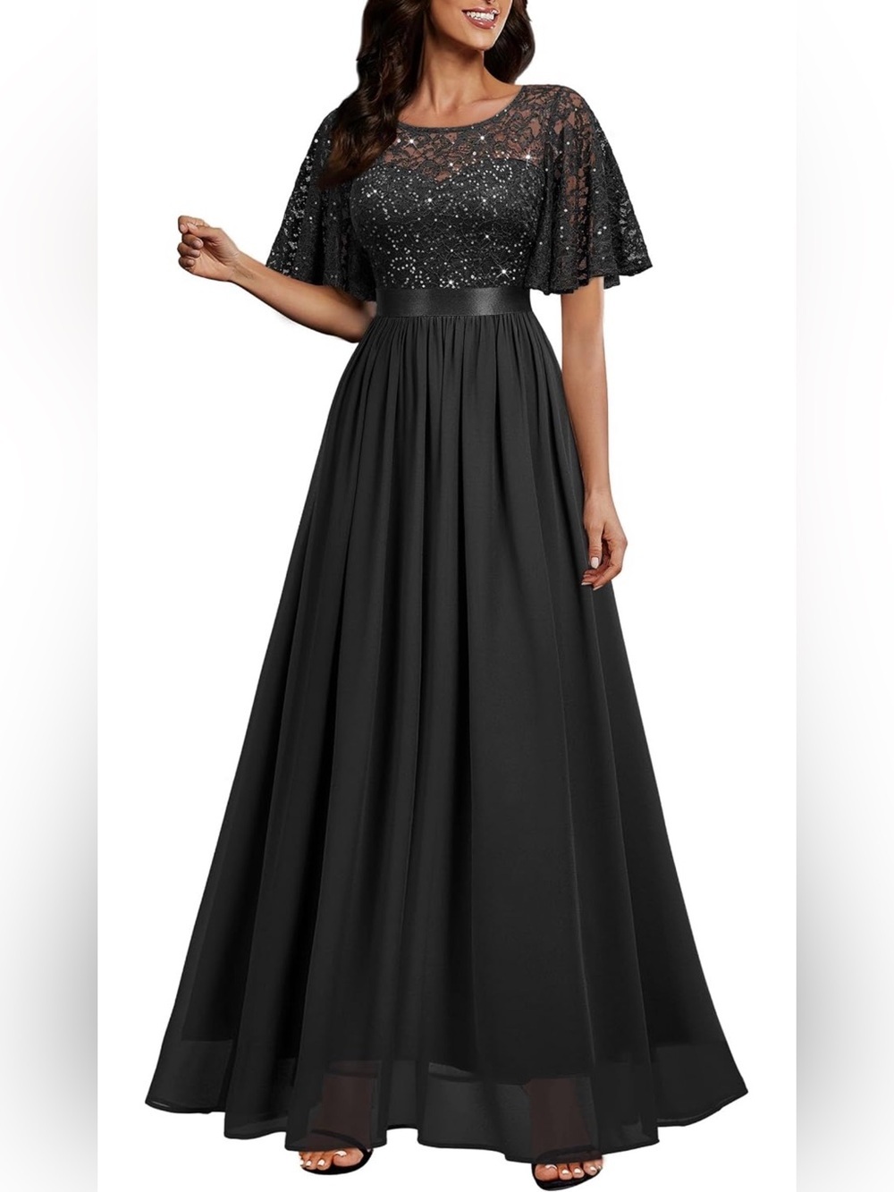 NWT Miusol Black Sequin Lace Chiffon Maxi Dress Butterfly Sleeve, Large